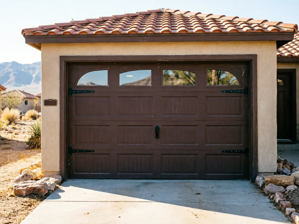 A brown garage door with windows and decorative hardware on a stucco house.