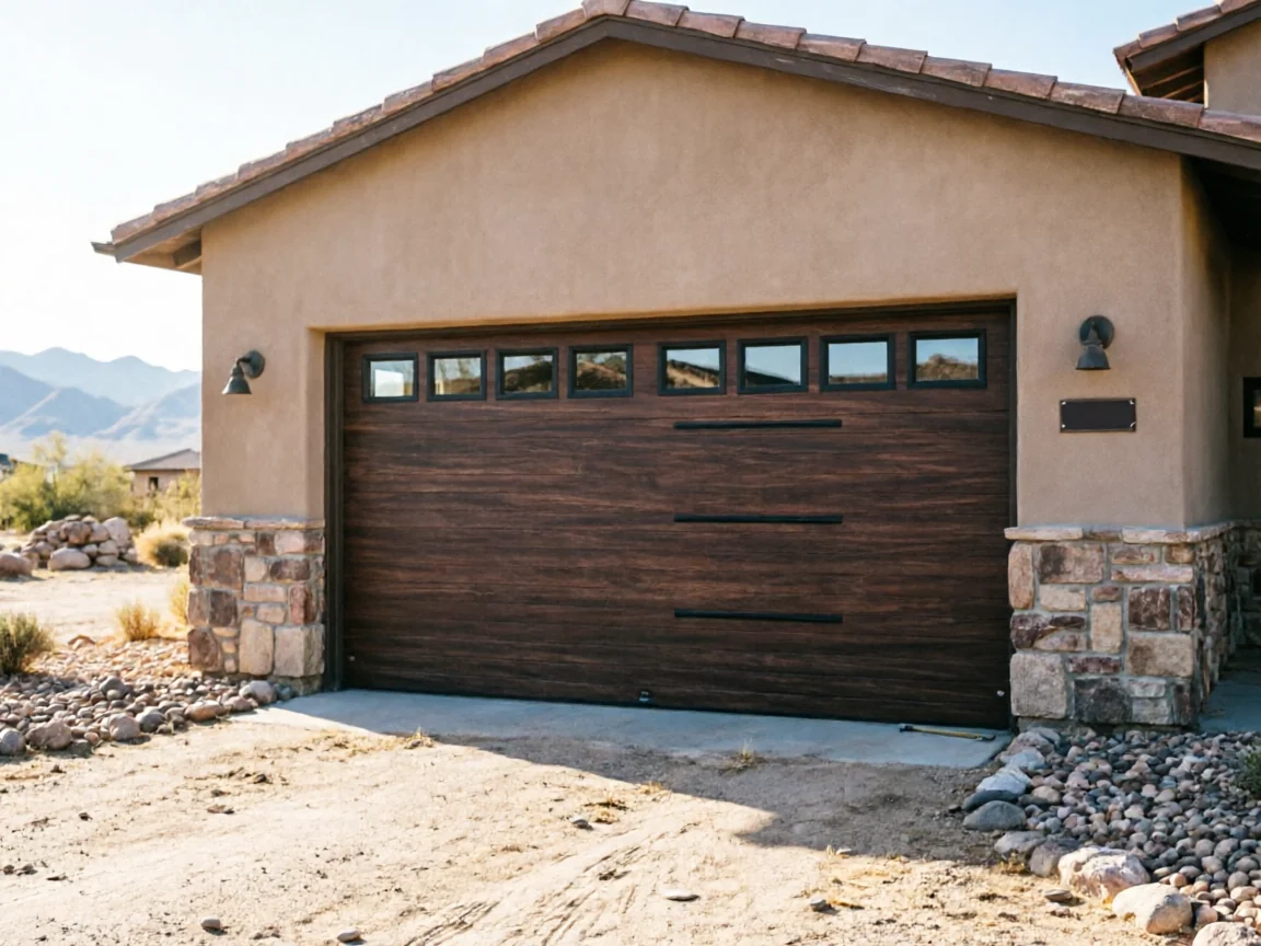 A brown garage door with windows and decorative hardware on a stucco house.