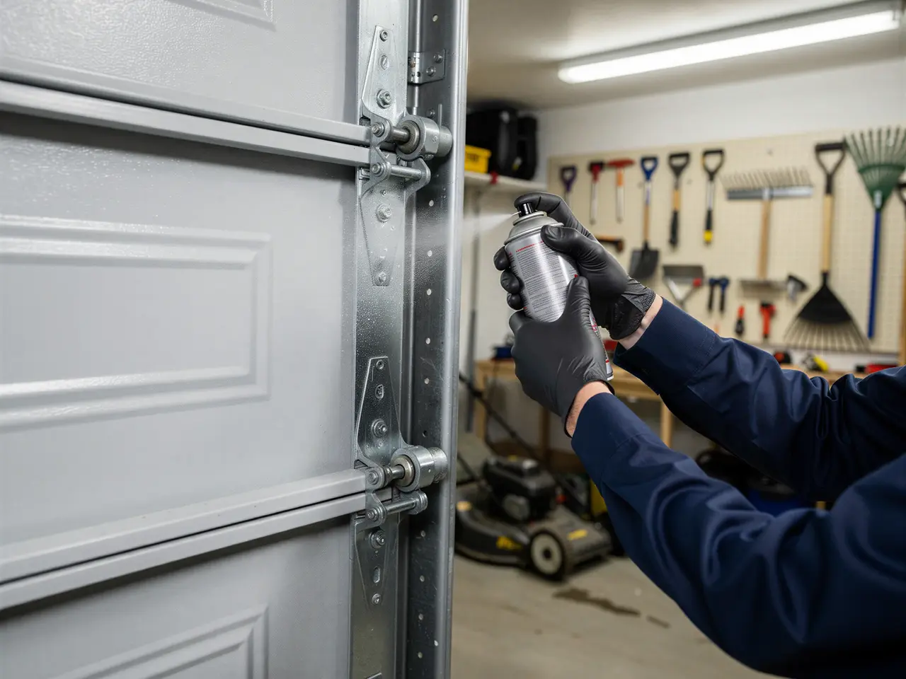 A technician in black gloves sprays lubricant on a garage door hinge and roller.