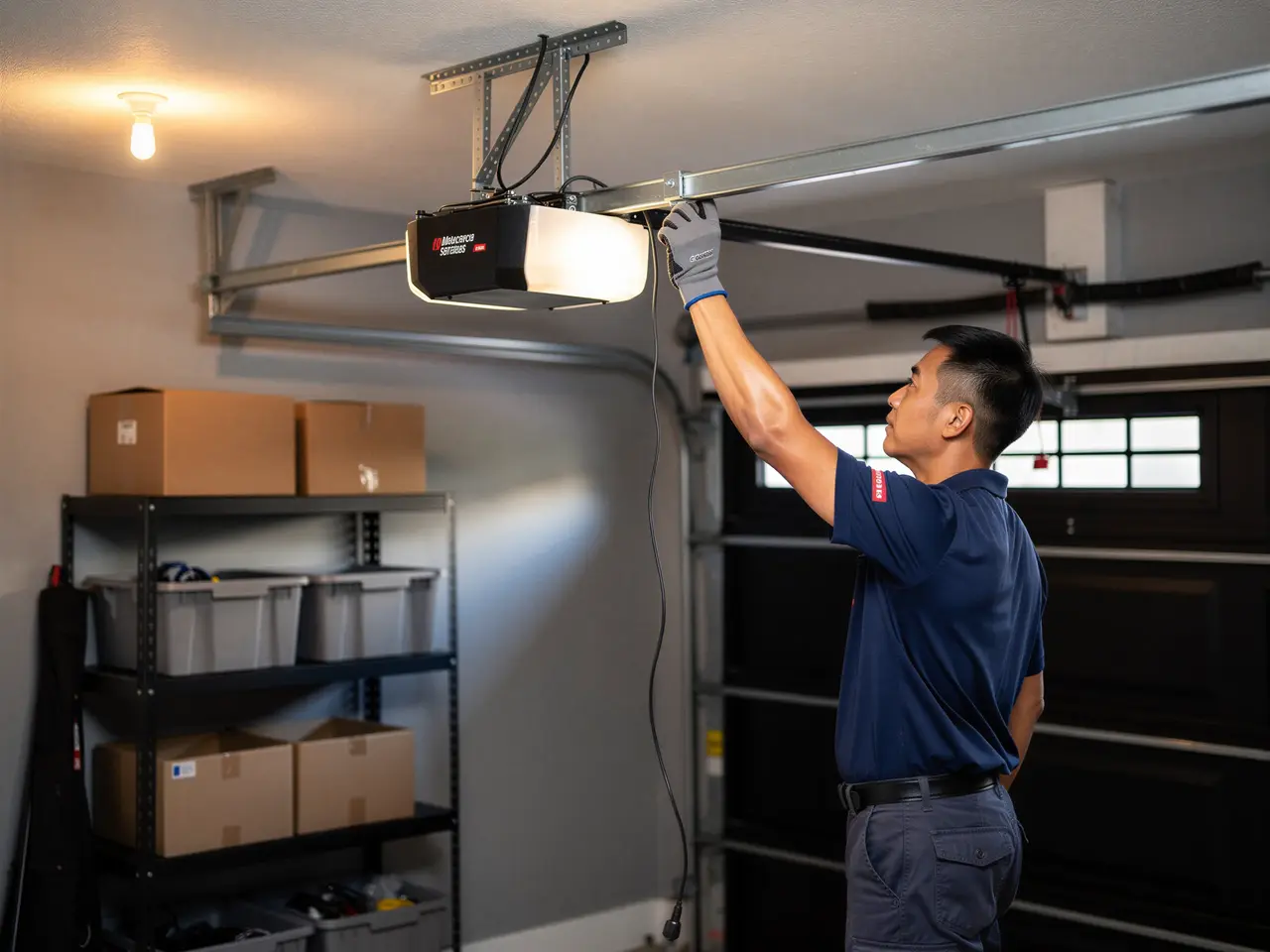 A technician in a blue shirt is adjusting a garage door opener.